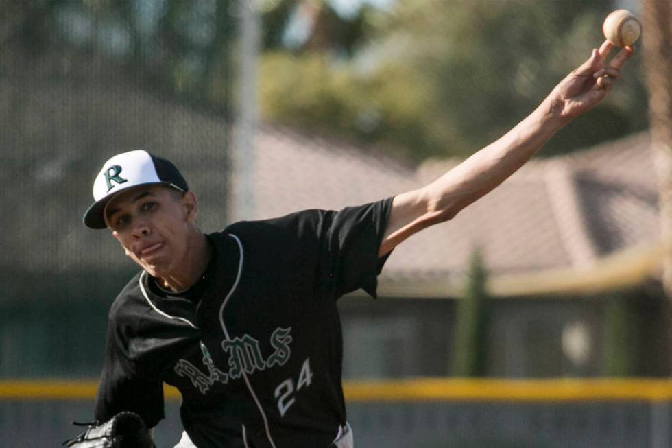 Rancho senior Michael Shy (24) pitches to Silverado at Silverado High School on Tuesday, Mar ...