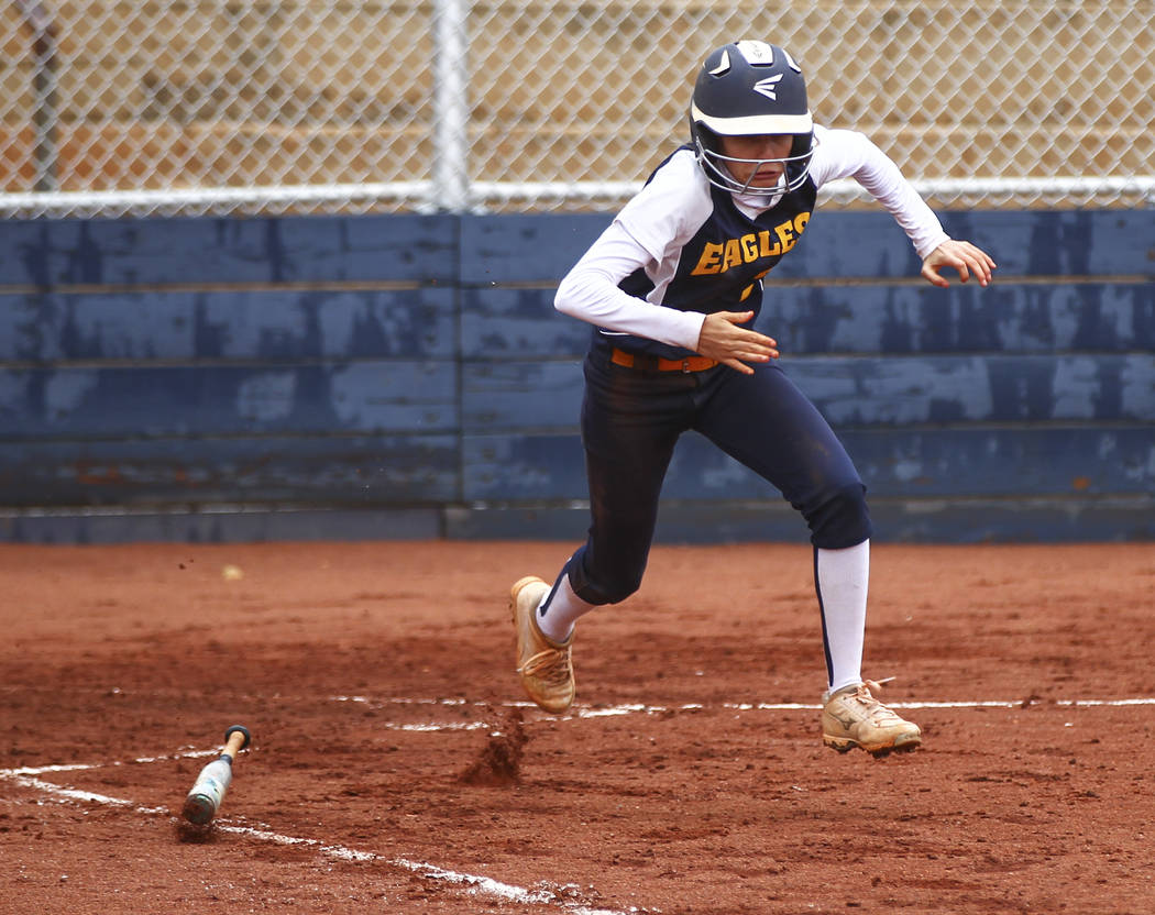 Boulder City’s Ryann Reese (2) runs for first base during a softball game against Pahr ...