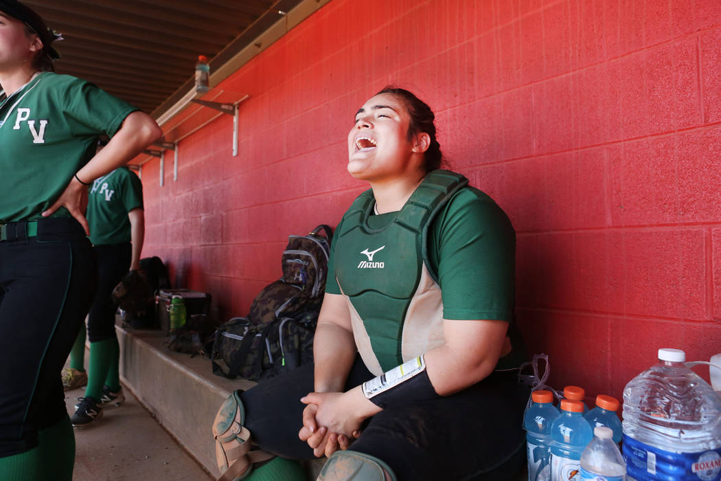 Palo Verde’s Grace Chavez (25) cheers on her team during a game against Arbor View at ...