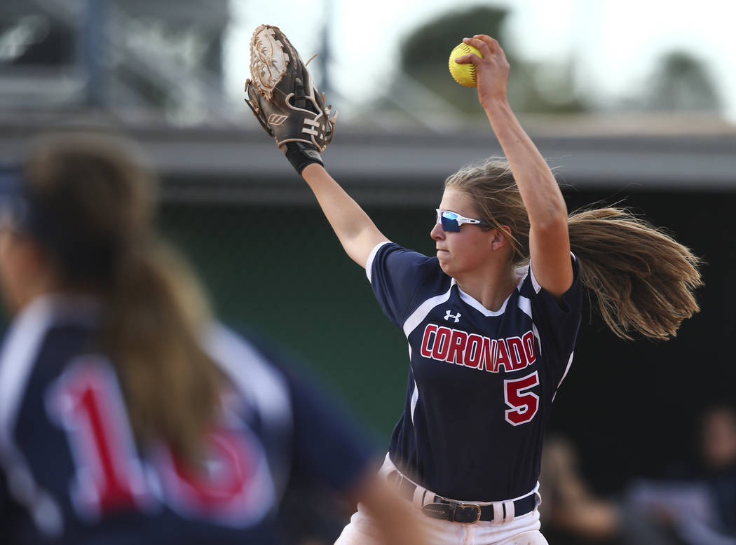 Coronado’s Tatum Spangler (5) pitches to Rancho during a softball game at Rancho High ...