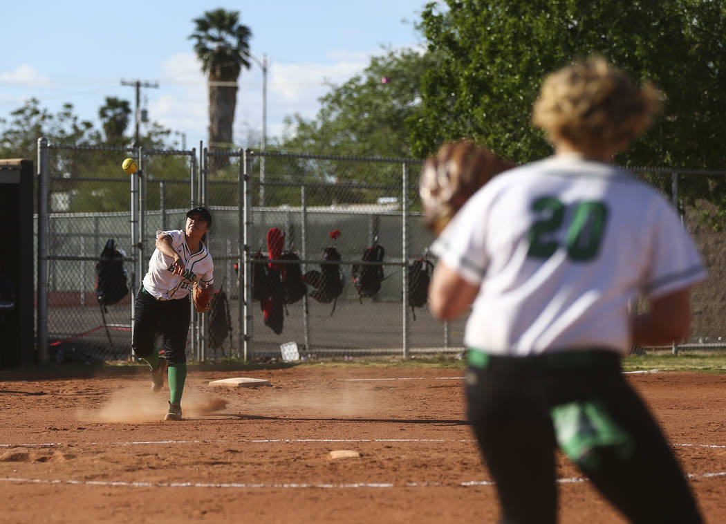 Rancho’s Katerina Anthony (27) throws to Rancho’s MacKenzie Perry (20) during a ...