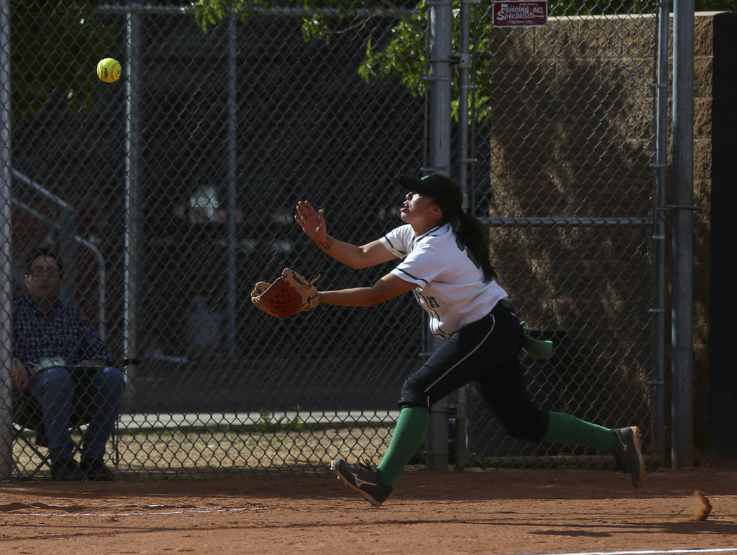 Rancho’s Katerina Anthony (27) reaches out to catch a foul ball to get out Coronado&#8 ...