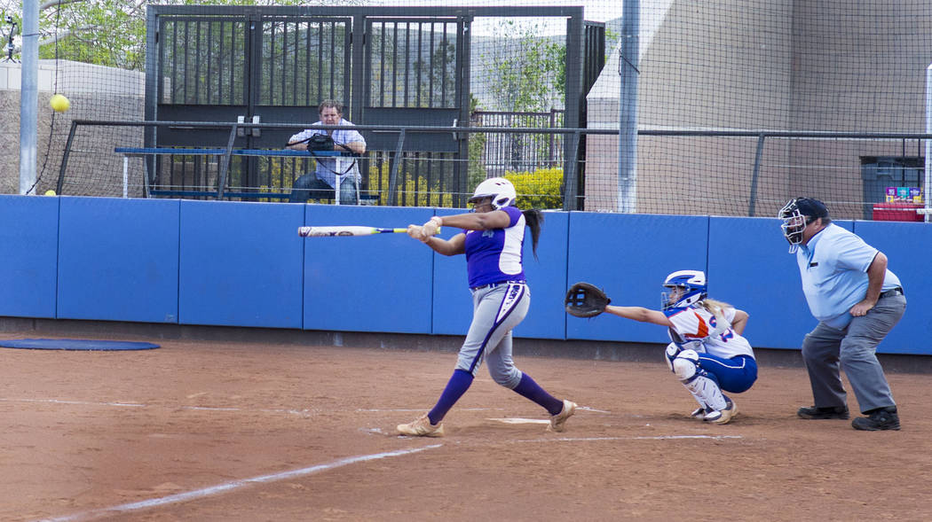 Durango’s Trinity Valentine (4) hits a home run against Bishop Gorman at Bishop Gorman ...