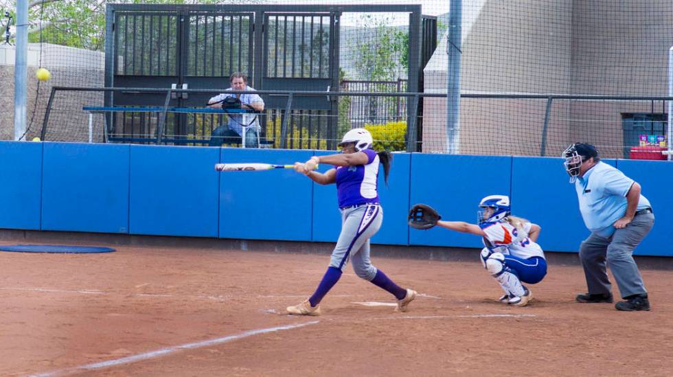 Durango’s Trinity Valentine (4) hits a home run against Bishop Gorman at Bishop Gorman ...