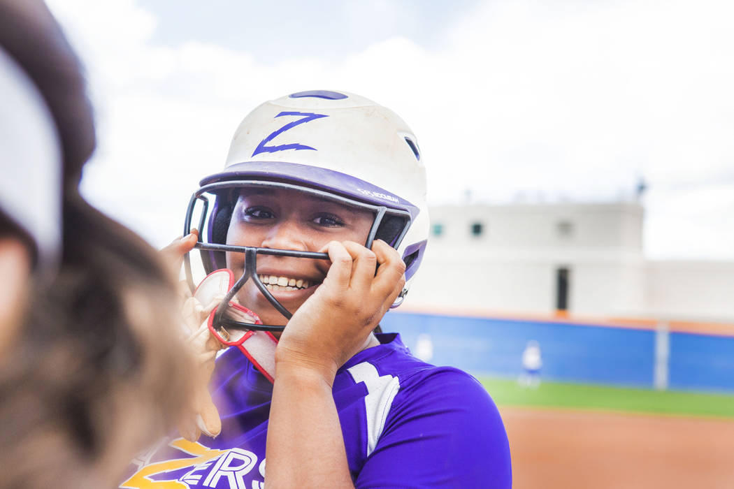 Durango’s Trinity Valentine (4) smiles after hitting a home run against Bishop Gorman ...