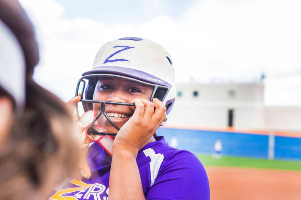 Durango’s Trinity Valentine (4) smiles after hitting a home run against Bishop Gorman ...