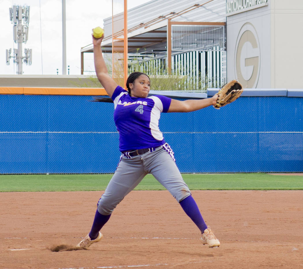 Durango’s Trinity Valentine (4) pitches against Bishop Gorman at Bishop Gorman High Sc ...