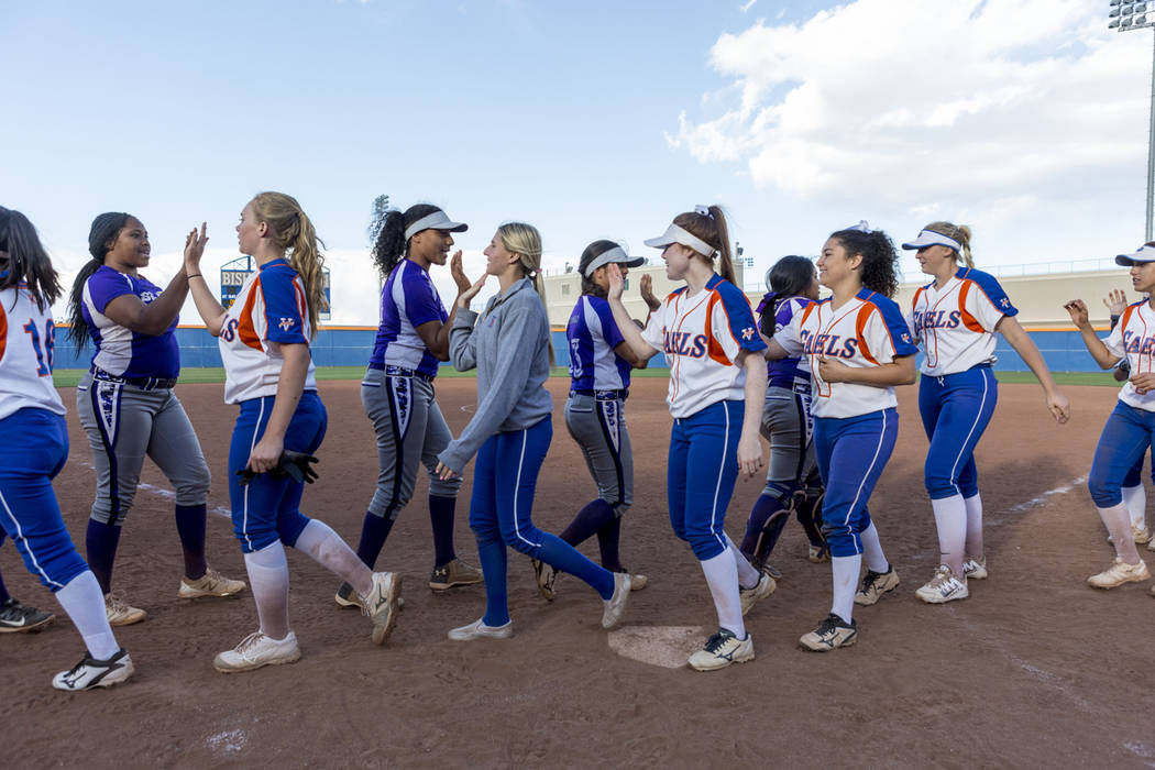 Durango and Bishop Gorman greet after Durango defeated Bishop 13-2 at Bishop Gorman High Sch ...