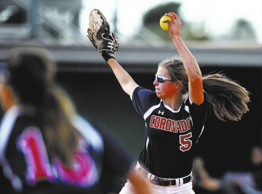 Coronado’s Tatum Spangler (5) pitches to Rancho during a softball game at Rancho High ...