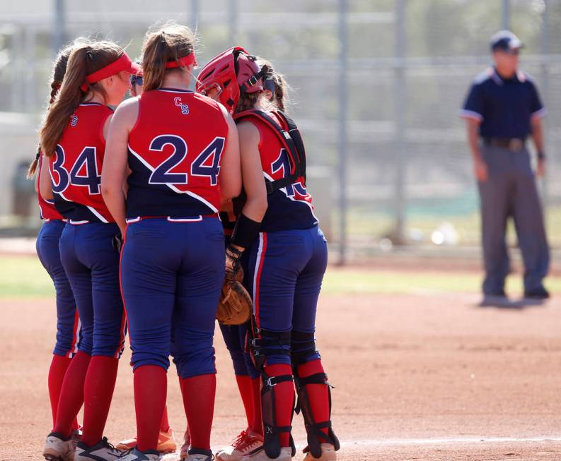 Liberty players huddle during a high school softball game against Coronado at Coronado High ...