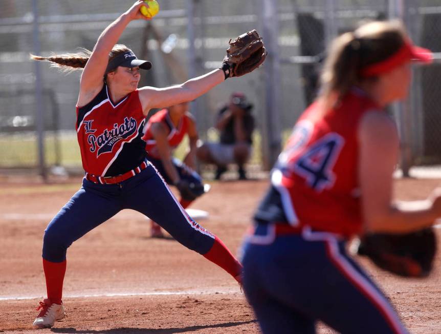 Liberty’s Breanna Alvarez (5) pitches during the first inning of a high school softbal ...