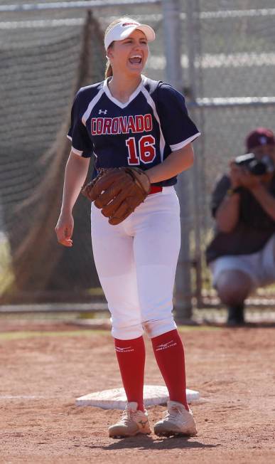 Coronado’s Sophia McCann (16) reacts during the second inning of a high school softbal ...