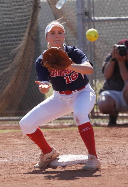 Coronado’s Sophia McCann (16) catches the ball forcing a player out during the second ...