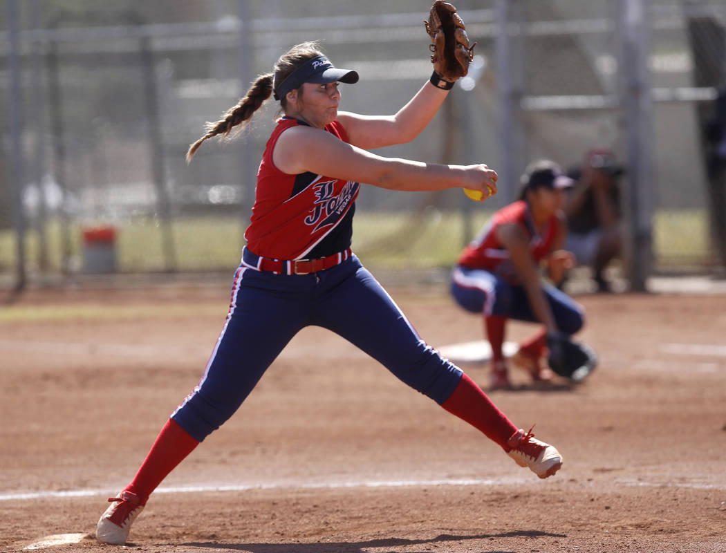 Liberty’s Breanna Alvarez (5) pitches during the second inning of a high school softba ...