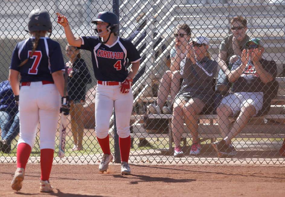 Coronado’s Dylan Underwood (4) reacts after scoring a run against Liberty during the s ...