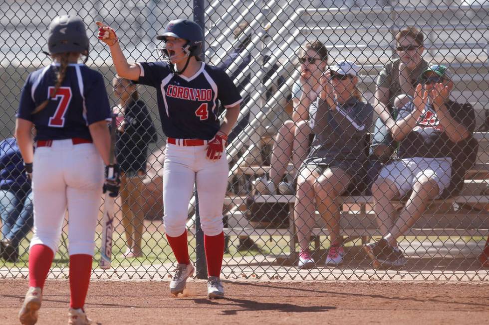 Coronado’s Dylan Underwood (4) reacts after scoring a run against Liberty during the s ...