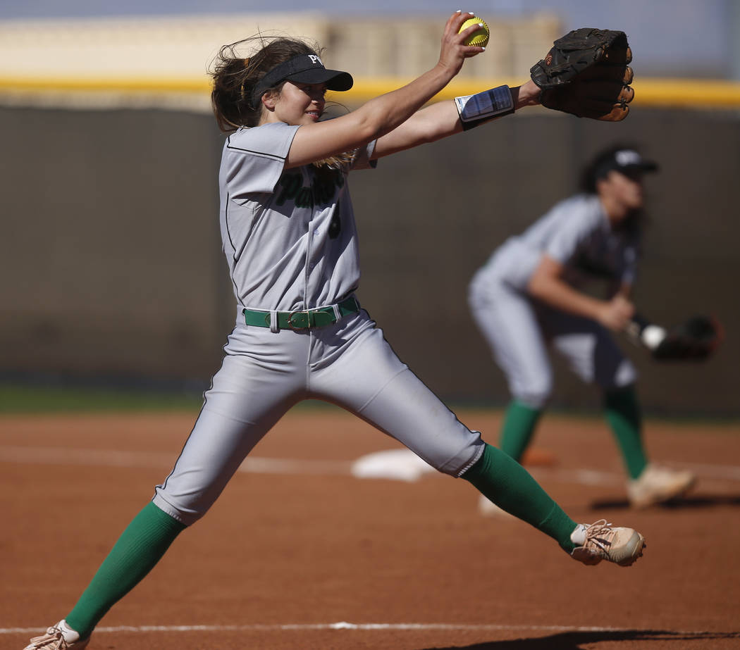 Palo Verde’s Taylor Askland (3) pitches during the first inning of a high school softb ...