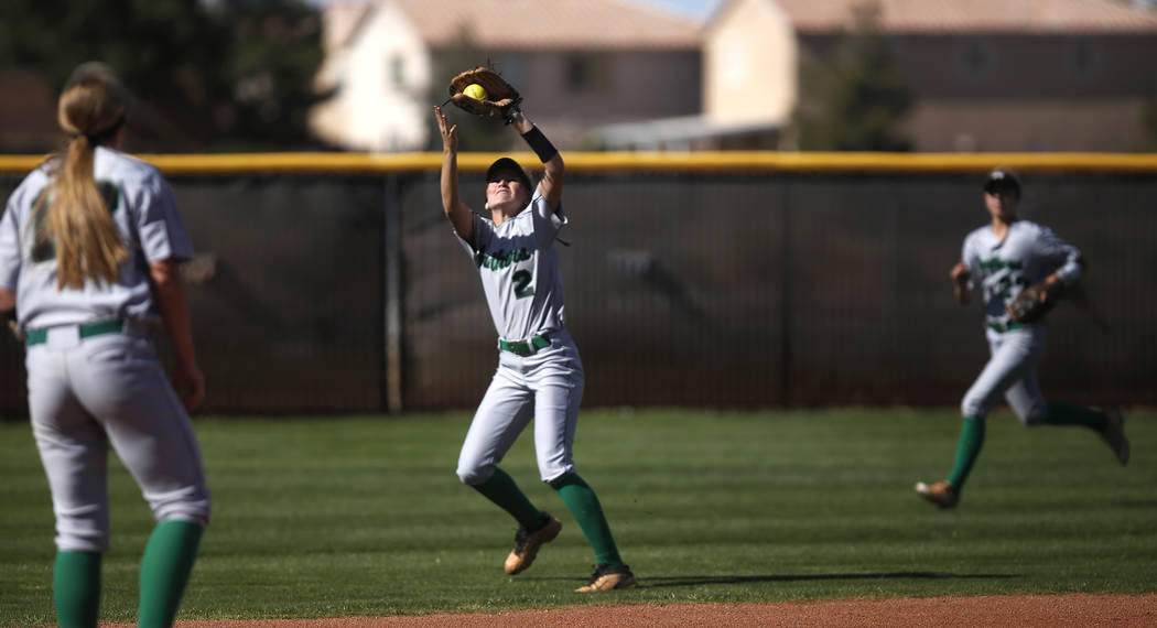 Palo Verde’s Jessica Nimmo (2) catches a fly ball during the first inning of a high sc ...