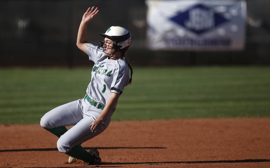 Palo Verde’s Makall Whetten (1) slides for second base during the third inning of a hi ...