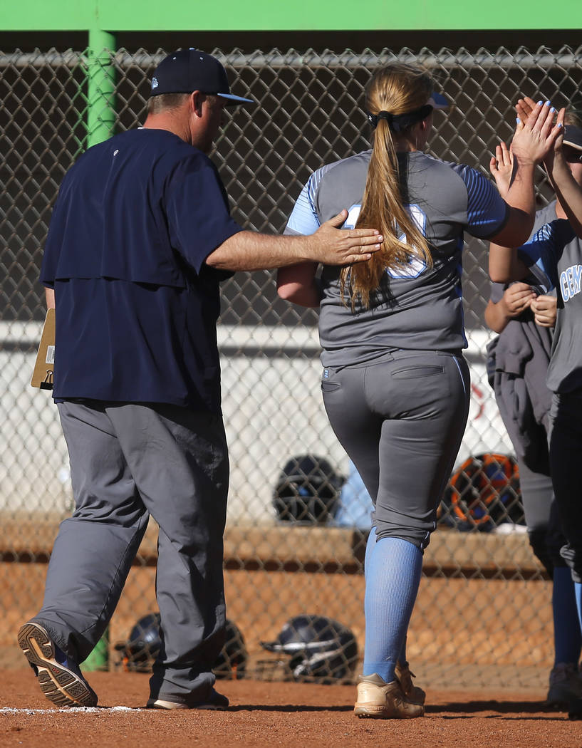 Centennial’s Amanda Sink (13) is relieved from pitching during the fourth inning of a ...