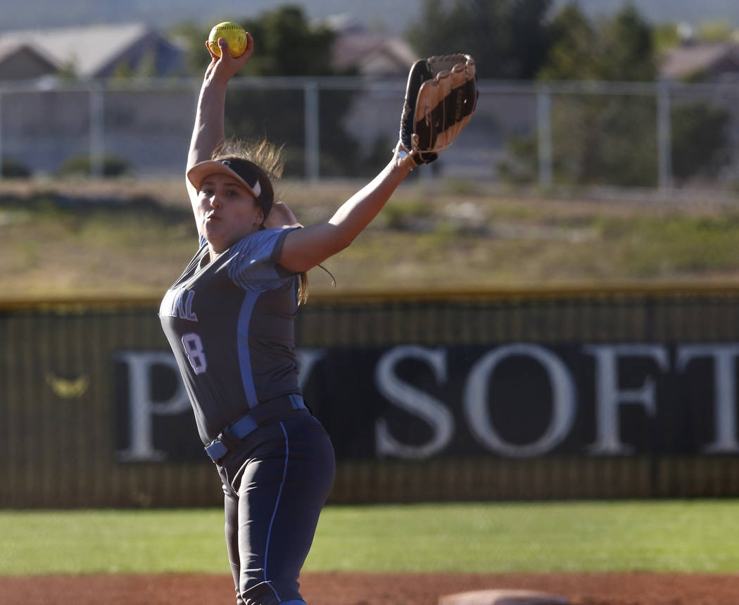 Centennial’s Haylee Lupinetti (8) pitches during the sixth inning of a high school sof ...