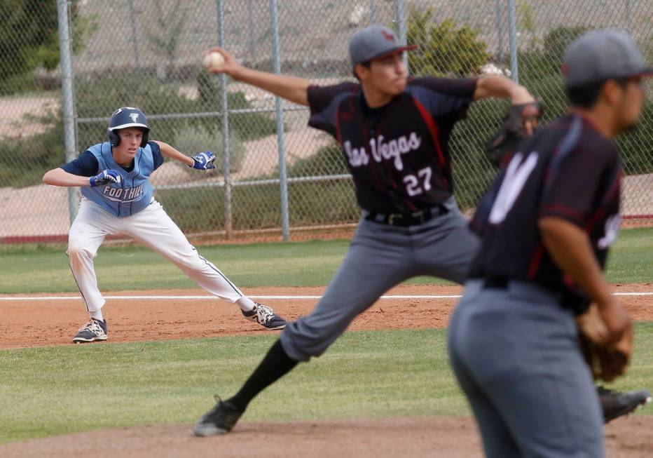 Foothill’s Gage Streit (35) leads off first base as Las Vegas’s Diego Delgado (2 ...