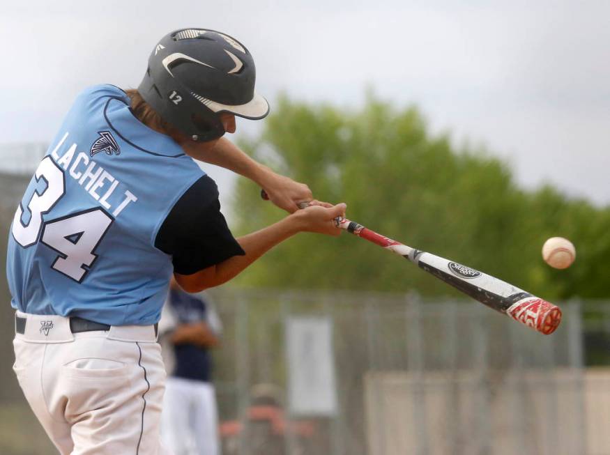 Foothill’s Kelton Lachelt (34) swings during during the fifth inning of a high school ...