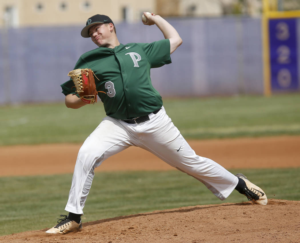 Palo Verde’s Tanner Lewis (3) pitches during the first inning of a high school basebal ...