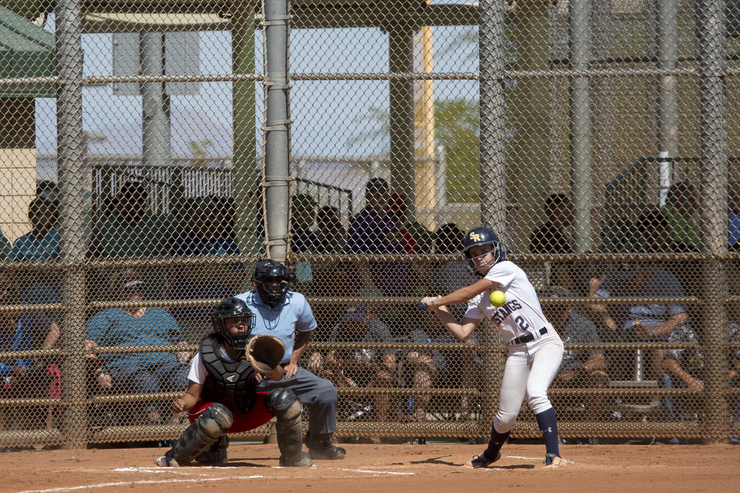 Shadow Ridge junior Raelyn Kendall hits the ball during a game against Banning at Majestic P ...