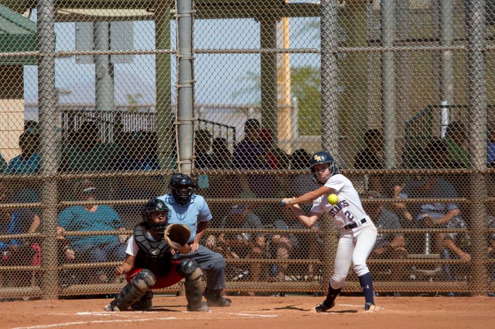 Shadow Ridge junior Raelyn Kendall hits the ball during a game against Banning at Majestic P ...