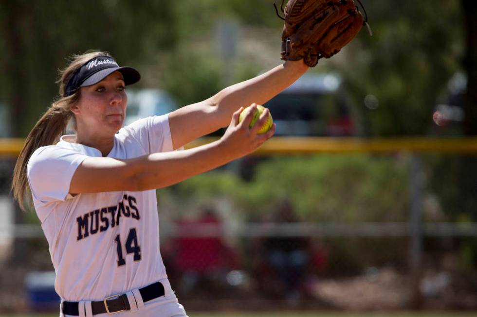 Shadow Ridge junior Shelbi Denman pitches to Banning at Majestic Park in part of the Spring ...