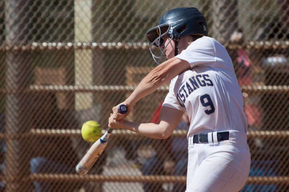 Shadow Ridge junior Maddie Wills hits the ball during a game against Banning at Majestic Par ...