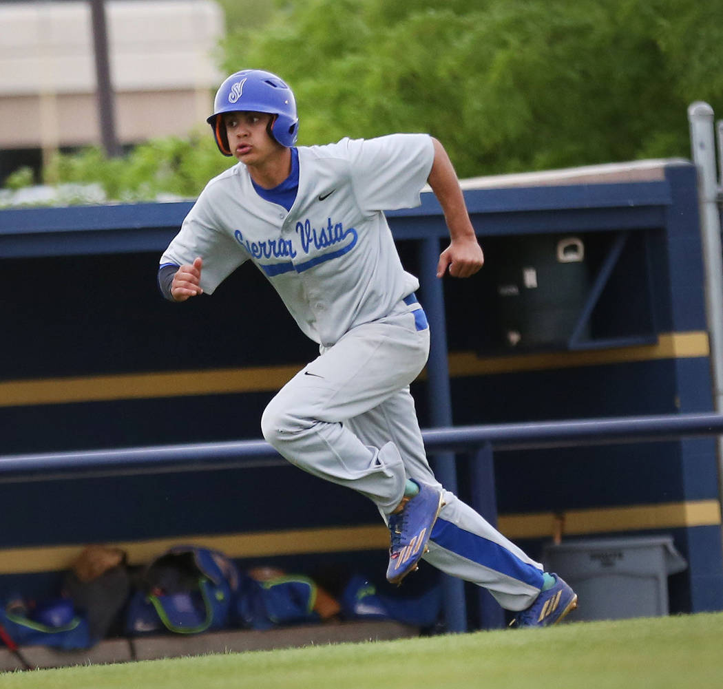 Sierra Vista’s Nick Morice runs to home to score in the fifth inning against Spring Va ...