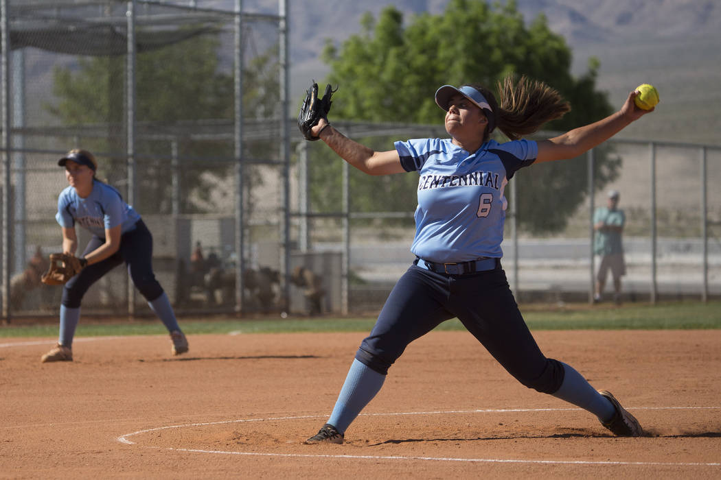 Centennial sophomore Deanna Barrera pitches to Shadow Ridge during a game at Shadow Ridge H ...