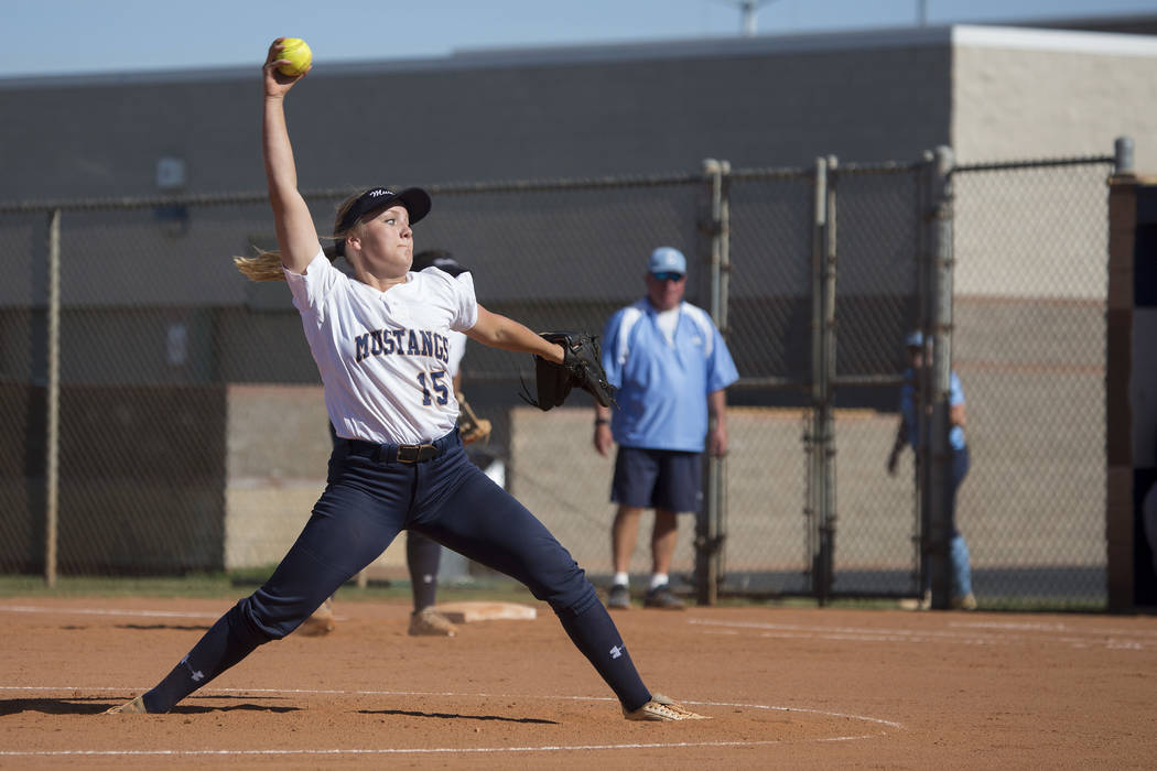 Shadow Ridge junior Mia Voges pitches to Centennial during a game at Shadow Ridge High Schoo ...