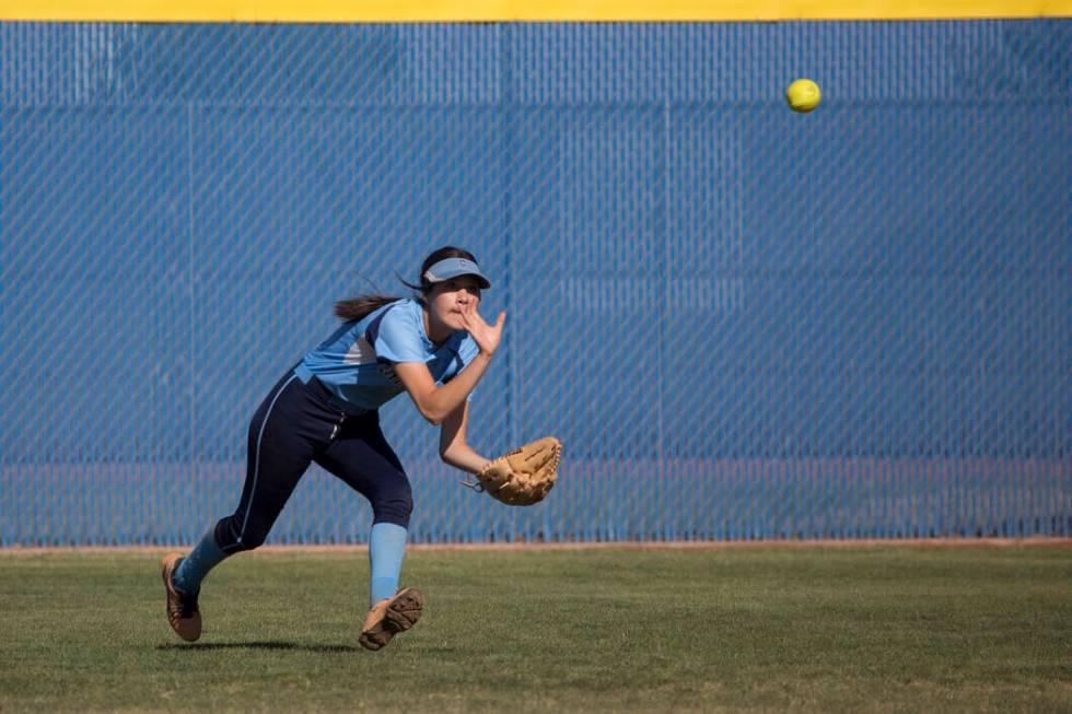 Centennial junior Rhea Paiva prepares to catch the ball during a game against Shadow Ridge ...