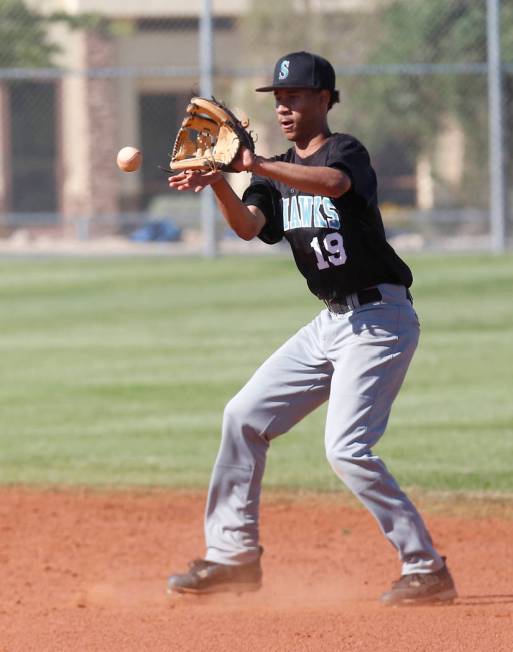 Silverado’s Caleb Hubbard (19) catches the ball during the fourth inning of a high sch ...