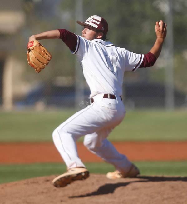 Cimarron-Memorial’s Derek Decolati (4) pitches during the fifth inning of a high schoo ...