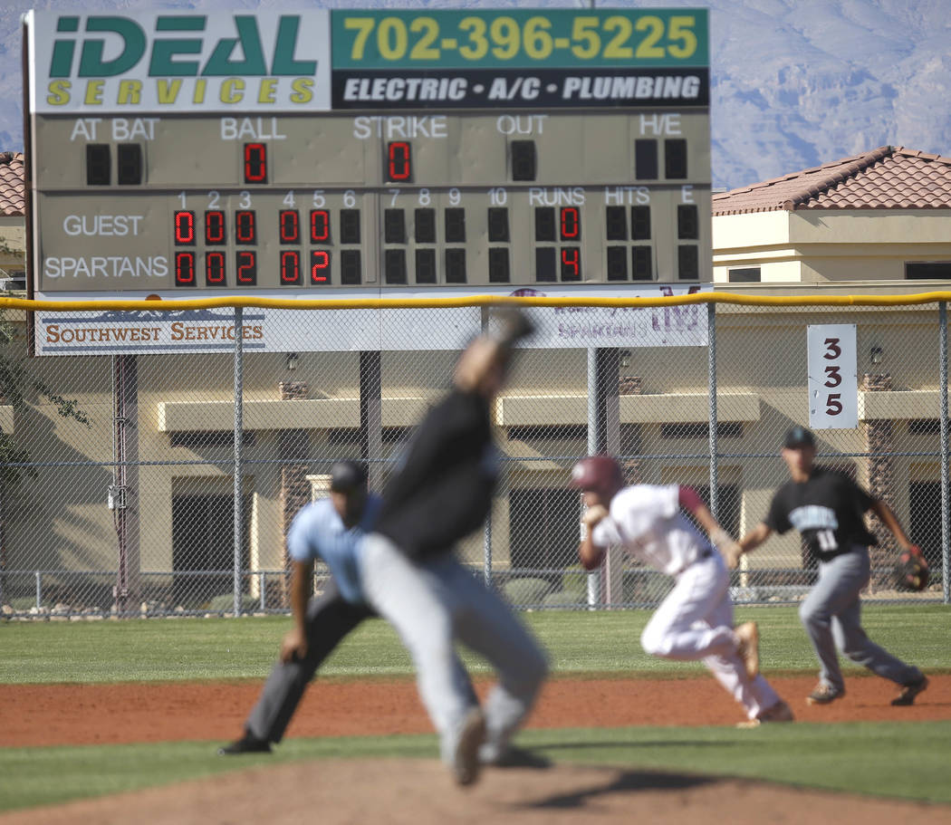 Scoreboard during a high school baseball game at Cimarron-Memorial High School on Thursday, ...