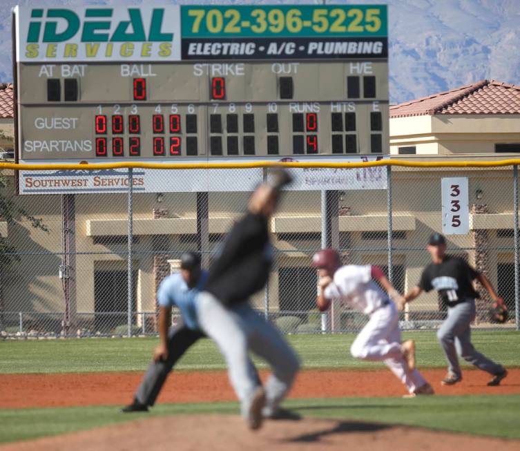 Scoreboard during a high school baseball game at Cimarron-Memorial High School on Thursday, ...