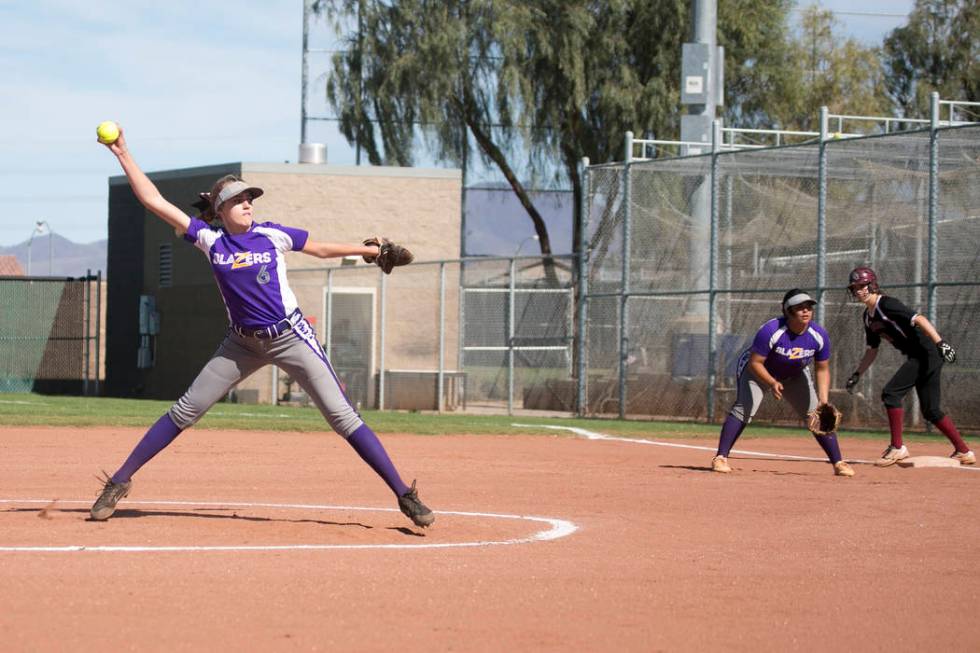 Durango freshman Madison Boyce pitches to Desert Oasis during a game at Desert Oasis High Sc ...