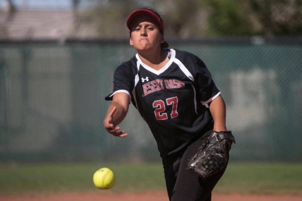 Desert Oasis senior Elsy Guzman pitches to Durango during a game at Desert Oasis High School ...