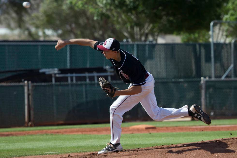 Desert Oasis’ Brett Brocoff (11) pitches against Bishop Gorman at Desert Oasis High Sc ...