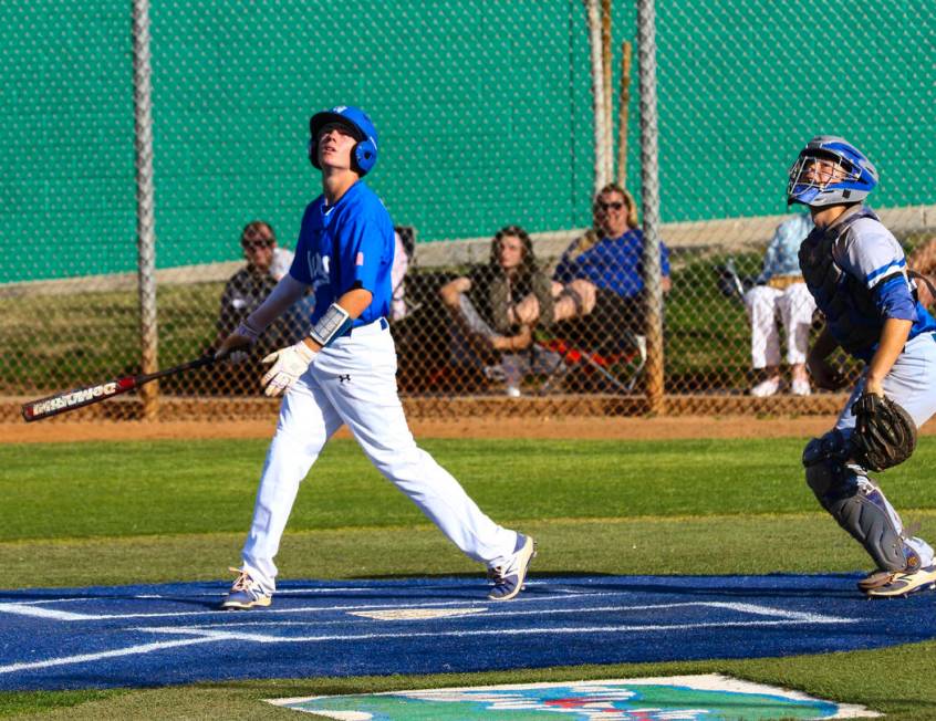 Green Valley infielder Garett Nelson (4) hits a foul ball during a baseball game against Bas ...