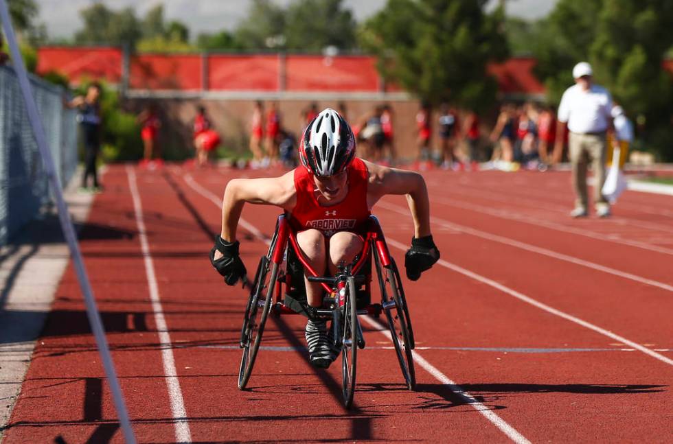 Arbor View freshman Blake Dickinson, far left, competes in the 100-meter dash during a track ...