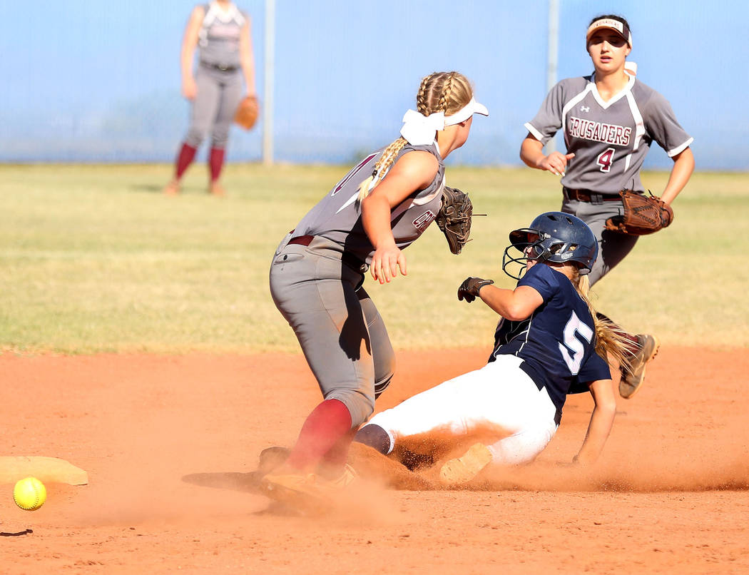 Centennial’s Seanna Simpson (5) successfully slides to second base against Faith Luthe ...