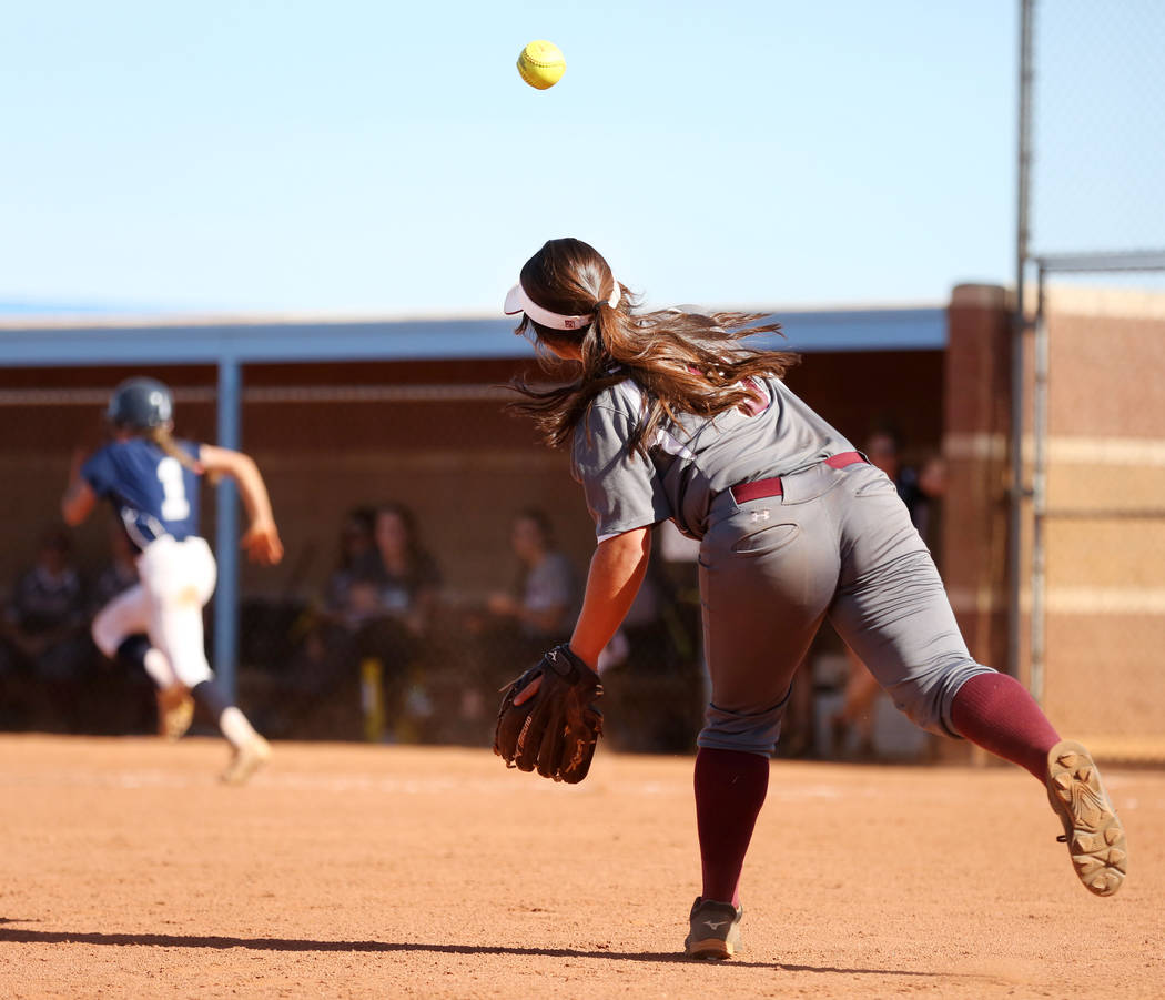 Faith Lutheran’s Audrey Kirsch (3) throws to first base to successfully get Centennia ...