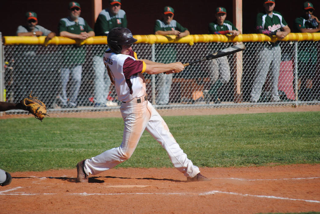 Pahrump Valley senior Drew Walker bats against Mojave at Pahrump Valley High School, Thursda ...