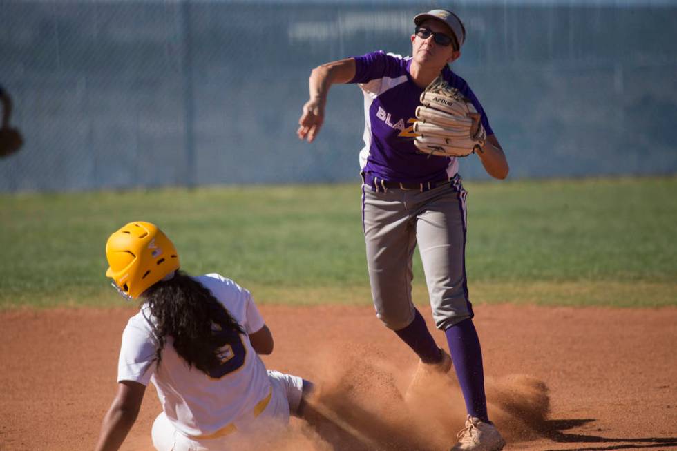 Durango’s Kaitlin Fazendin (33) throws late to first base after getting an out against ...