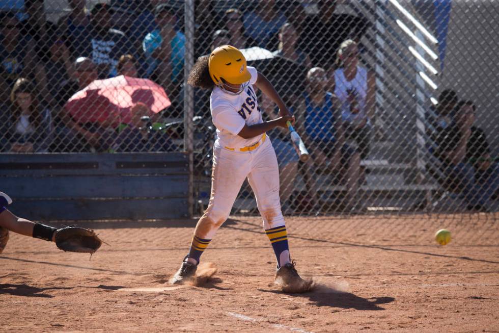 Sierra Vista’s Harmony Dominguez (14) makes contact with the ball against Durango at S ...